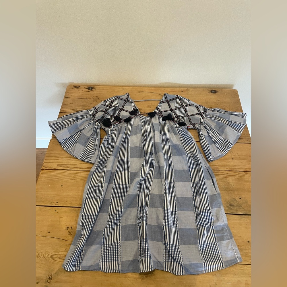 Anthropologie Maeve plaid bell sleeved dress with tassels